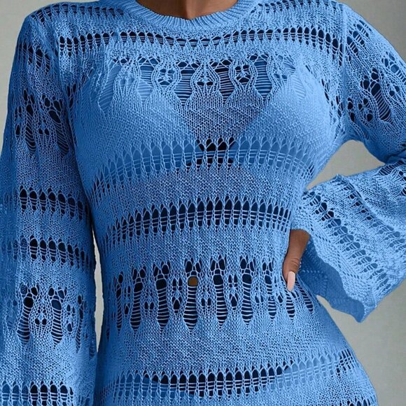 Blue Boho Womens Beach Hollow Out Scallop Trim Cover Up Dress Without Bikini Set - Picture 3 of 4